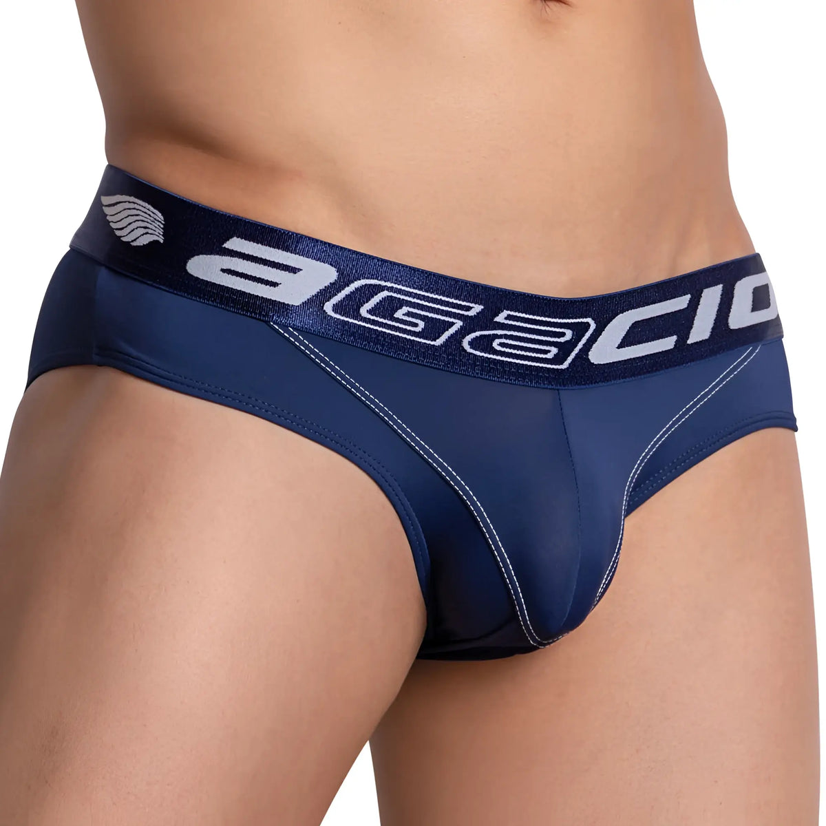 Navy blue agacio agj028 supportive waist briefs with white stitching and logo detailing for comfortable support