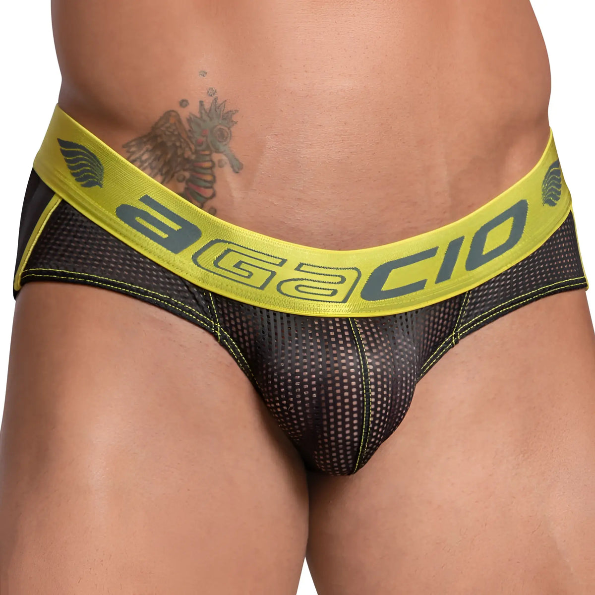 Black mesh Agacio AGJ029 bikini briefs with a bright yellow waistband and bold gray Agacio branding
