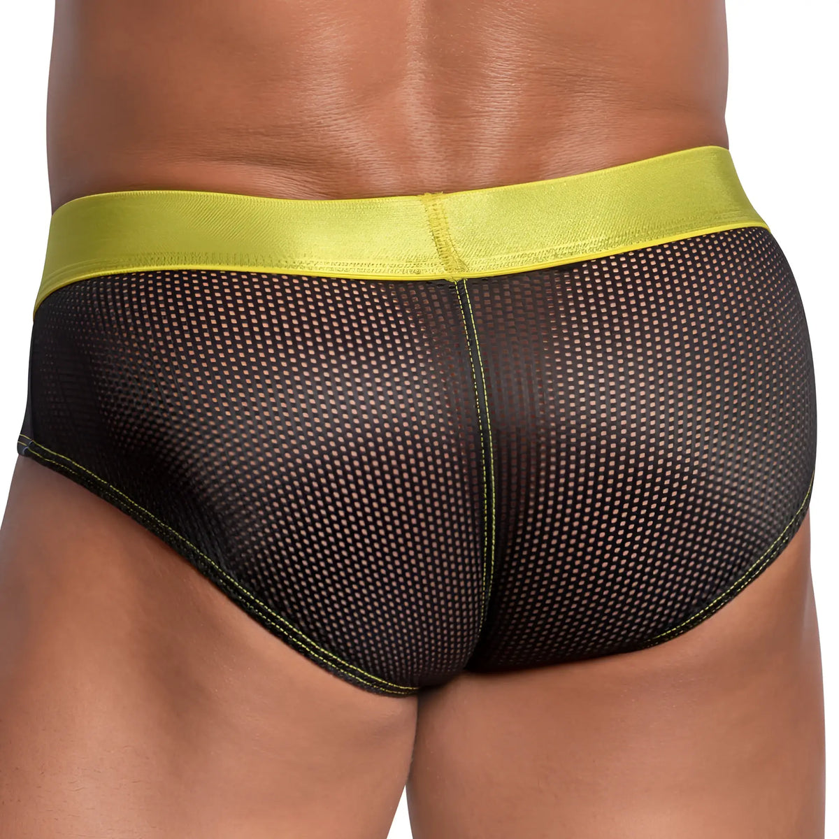 Agacio agj029 bikini brief black mesh with vibrant lime green elastic waistband front view