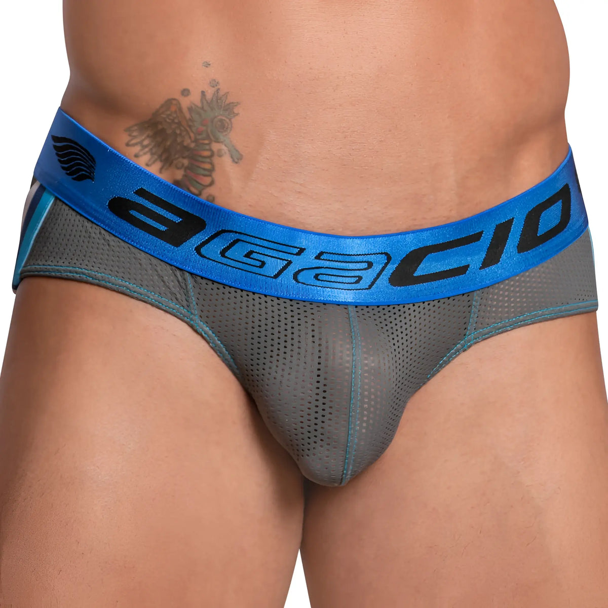 Agacio agj029 bikini brief in gray mesh with a bold blue waistband featuring agacio brand name in black letters