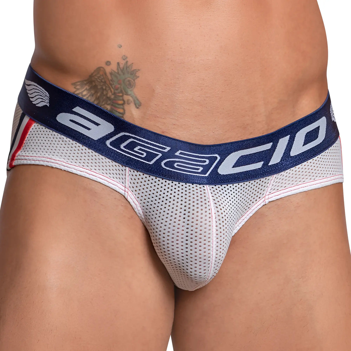 White mesh agacio agj029 bikini briefs with navy blue waistband featuring white lettering and red trim