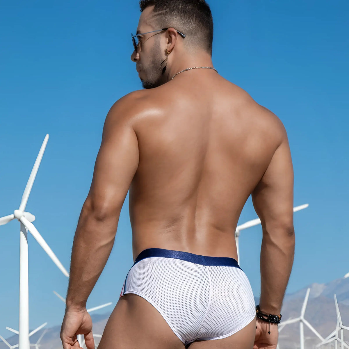 Agacio agj029 bikini brief white mesh briefs with a navy blue waistband front view