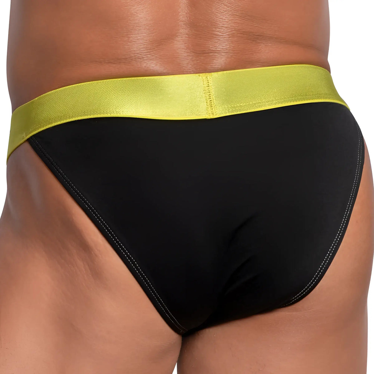 Black briefs with a shiny lime green waistband agacio agj030 bikini brief front view