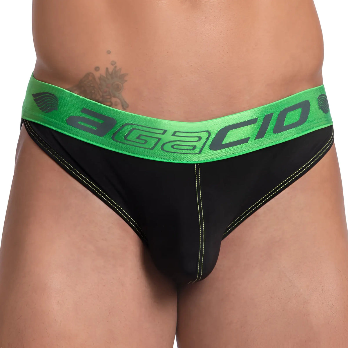 Black agacio agj031 briefs with a vibrant green waistband featuring bold gray agacio branding