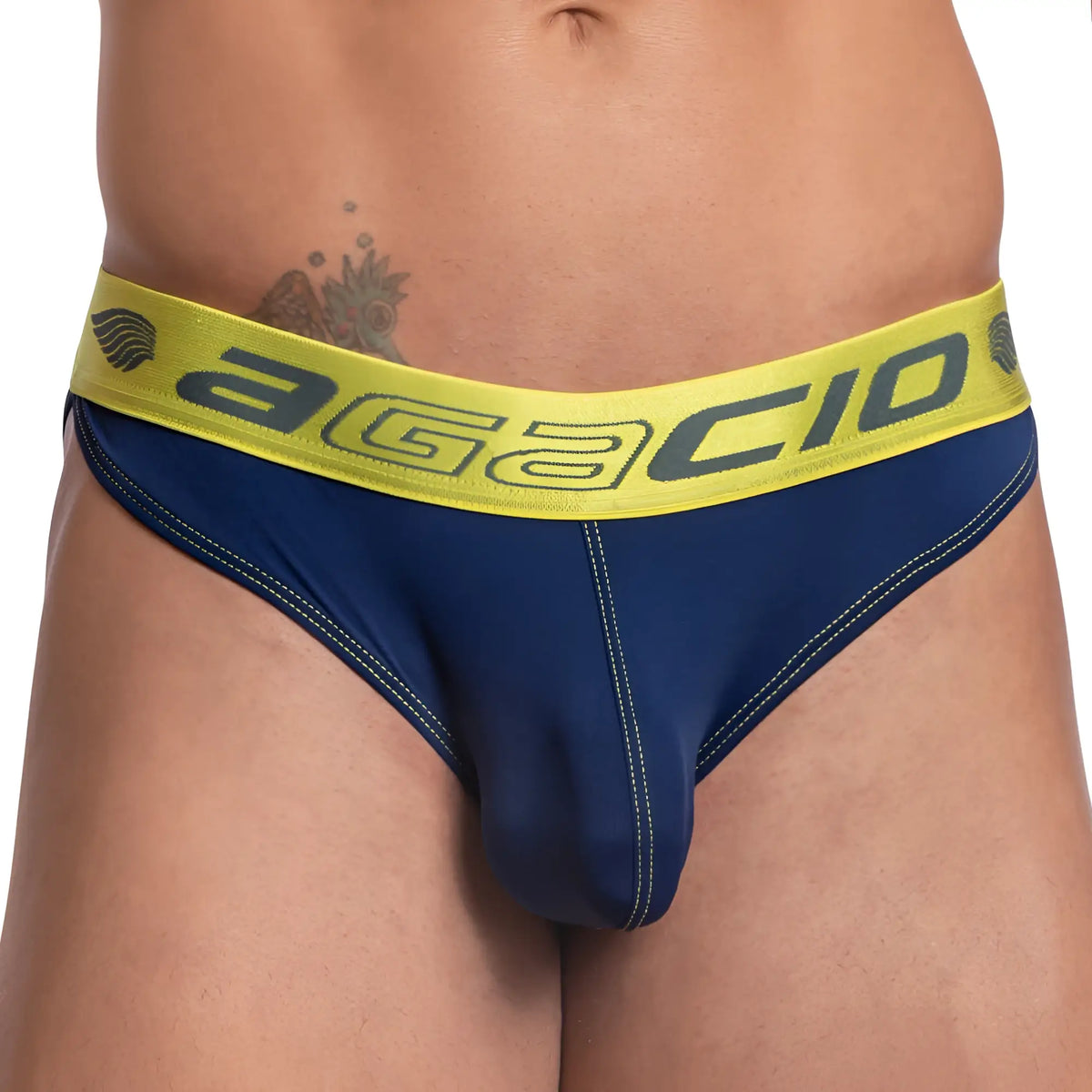 Navy blue agacio agj031 briefs with bright yellow waistband featuring bold black agacio brand name logo