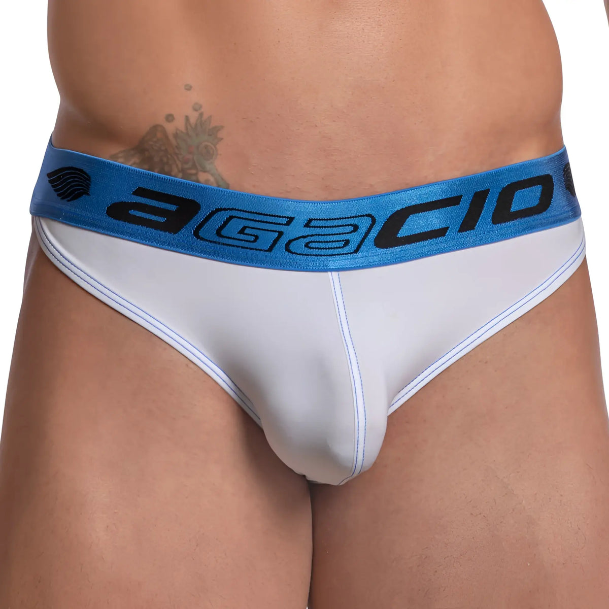 White agacio agj031 briefs with blue elastic waistband featuring black lettering and logo