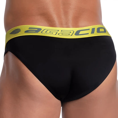 Black agacio agj032 neon bulge brief with bright yellow waistband featuring bold dark gray brand name lettering