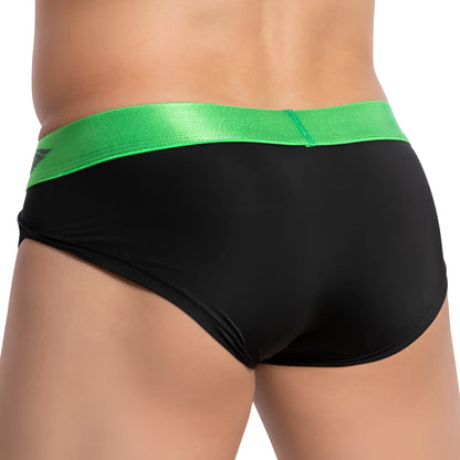 Agacio AGJ033 contour pouch brief in black with shiny green waistband and small black logo on the front