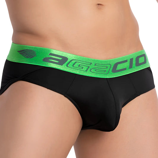 Black agacio agj033 contour pouch brief with vibrant green waistband and bold gray brand name lettering