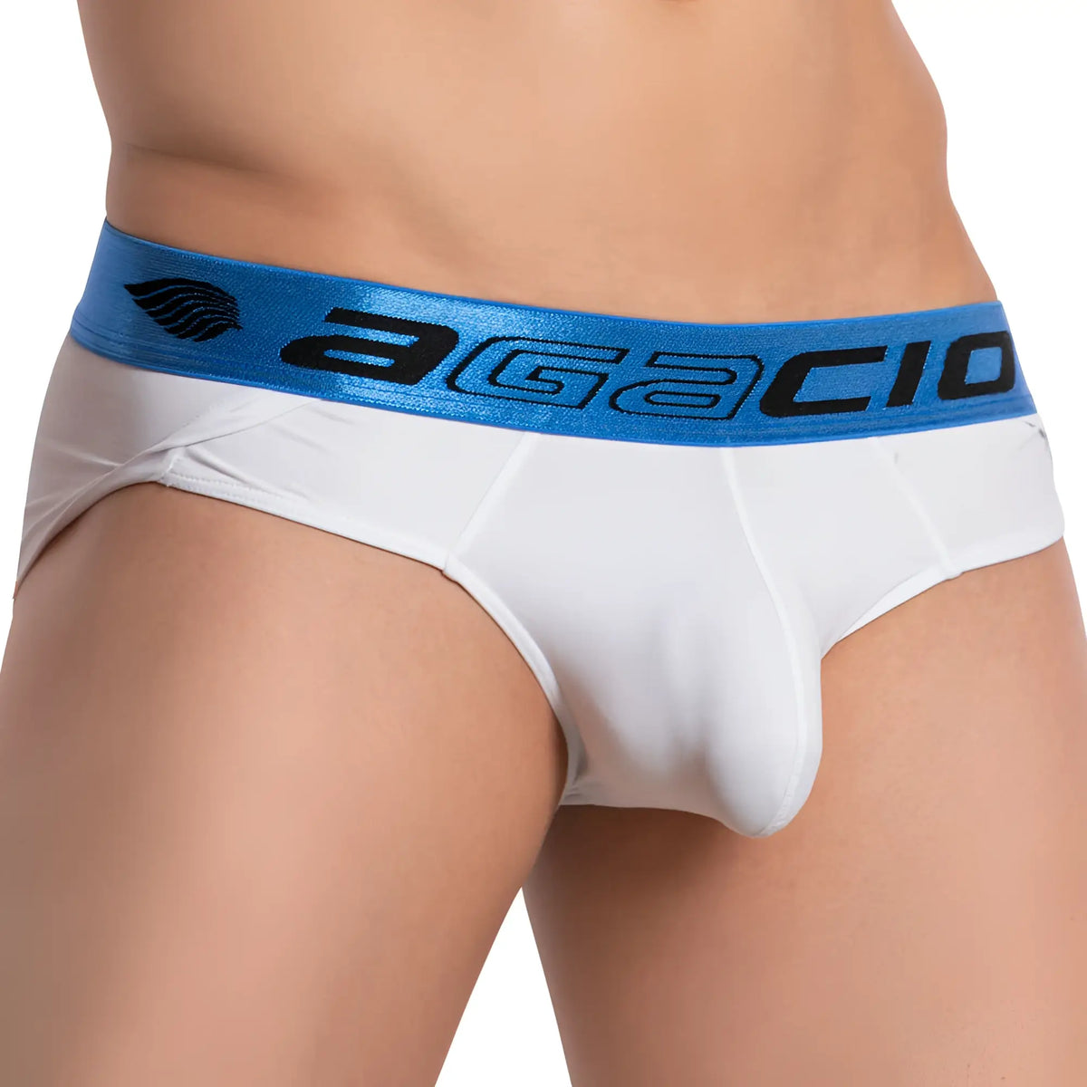 White agacio agj033 contour pouch brief with blue elastic waistband featuring black brand name lettering