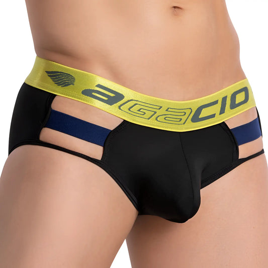 Black agacio agj034 side straps brief with bright yellow branded waistband and navy blue cutout stripes