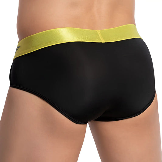 Agacio AGJ034 side straps brief in black fabric with a shiny lime green waistband for stylish comfort