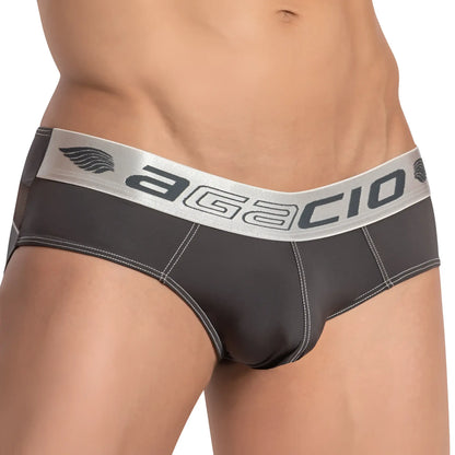 Black agacio agj035 enhanced centerseam briefs with silver waistband featuring brand name and wing logo