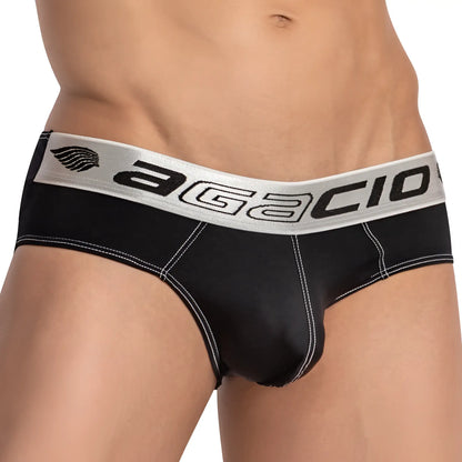 Black agacio agj035 enhanced centerseam menâ€™s briefs with silver waistband white stitching and brand logo