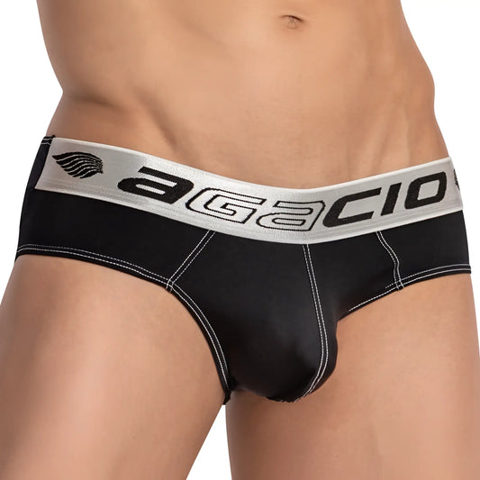 Black agacio agj035 enhanced centerseam menâ€™s briefs with silver waistband white stitching and brand logo