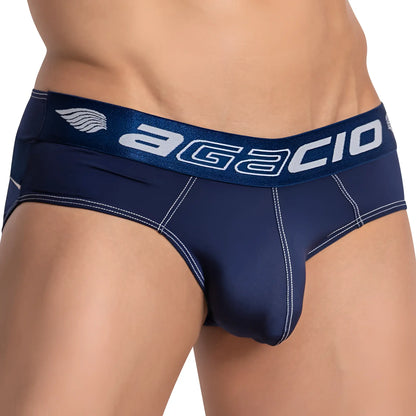 Navy blue agacio agj035 enhanced centerseam briefs with white stitching and logo detailing in soft breathable fabric