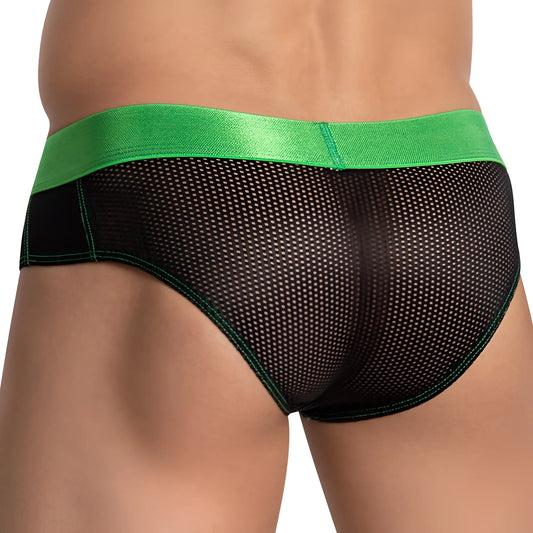 Black mesh briefs with vibrant green satin waistband and trim breathable comfy Agacio AGJ036 underwear