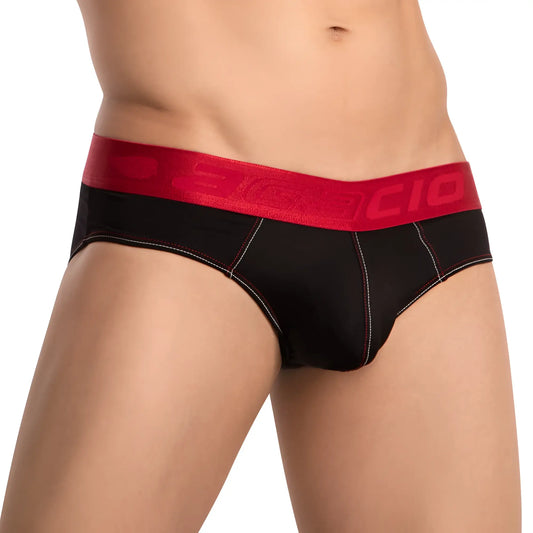 Black mens briefs agacio agj037 with bold red waistband featuring becio brand name in matching red lettering