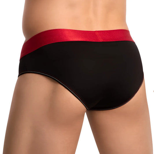 Agacio AGJ037 trendy bold black briefs with shiny red waistband and contrasting black stitching front view