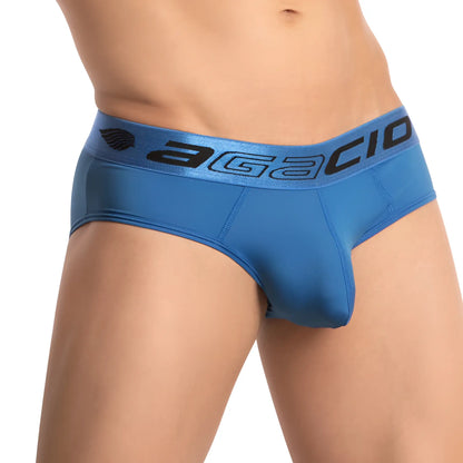 Blue agacio AGJ038 briefs with wide elastic waistband and black logo detailing for sleek form-fitting wear