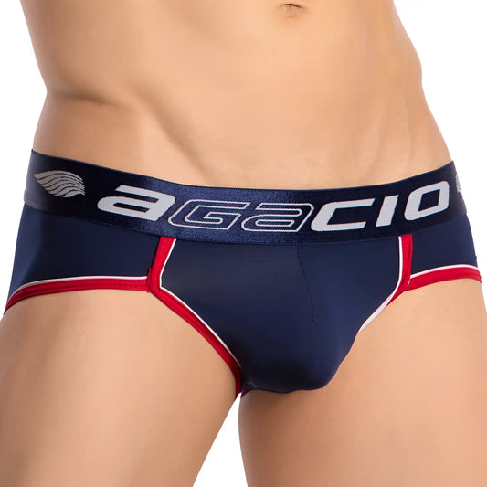 Navy blue and red agacio agj040 briefs with white trim designed for comfortable everyday wear