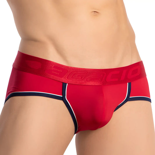 Red baggio agacio agj040 briefs with navy blue and white trim front view comfortable underwear