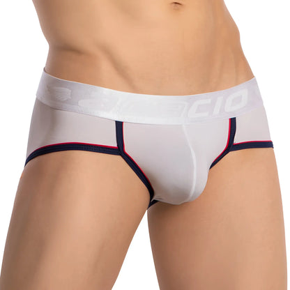 White menâ€™s briefs agacio agj040 with navy blue and red trim and branded elastic waistband for comfortable wear