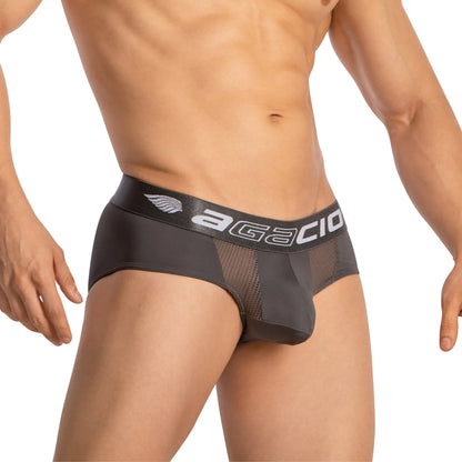 Black agacio agj041 briefs with mesh panel and white logo on waistband for comfortable daily wear