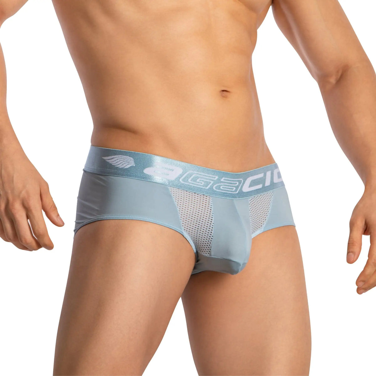 Light blue agacio agj041 menâ€™s briefs with mesh panel and branded waistband for breathable comfort