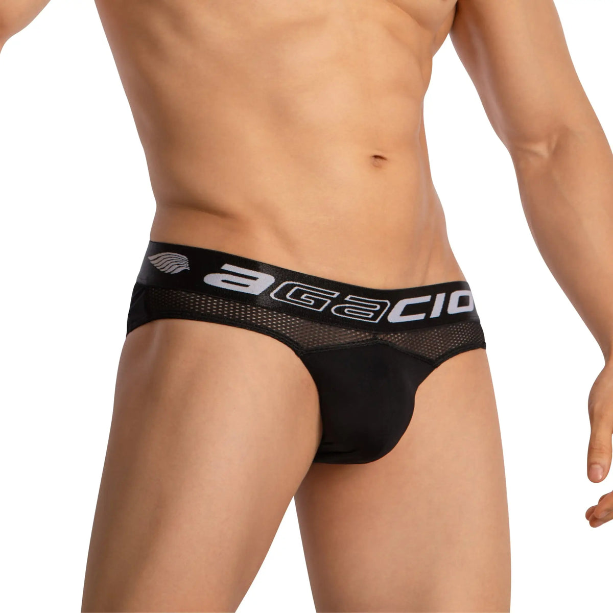 Black agacio agj042 briefs with mesh waistband and white logo detailing for comfortable everyday wear