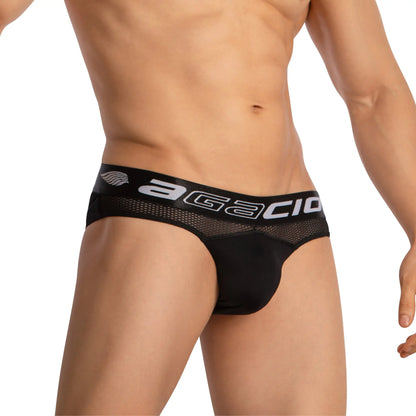 Black agacio agj042 briefs with mesh waistband and white logo detailing for comfortable everyday wear