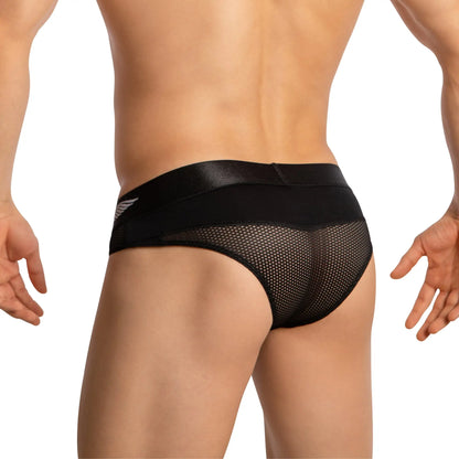 Black mesh briefs agacio AGJ042 with satin waistband and subtle wing logo on the side