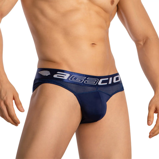 Navy blue agacio agj042 briefs with mesh waistband and white logo detailing for comfortable everyday wear