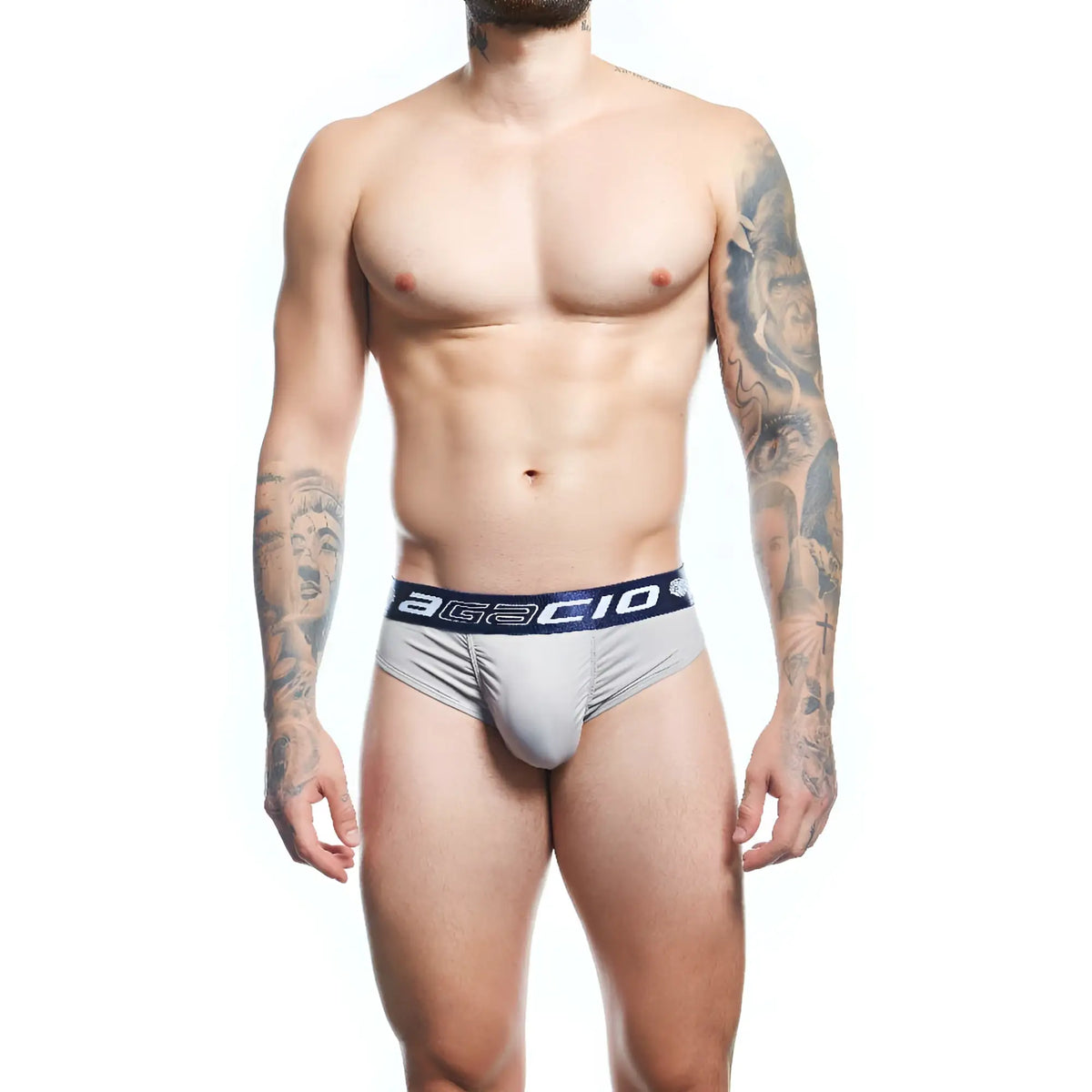 Gray agacio agj043 briefs with navy blue waistband and white lettering designed for comfortable daily wear