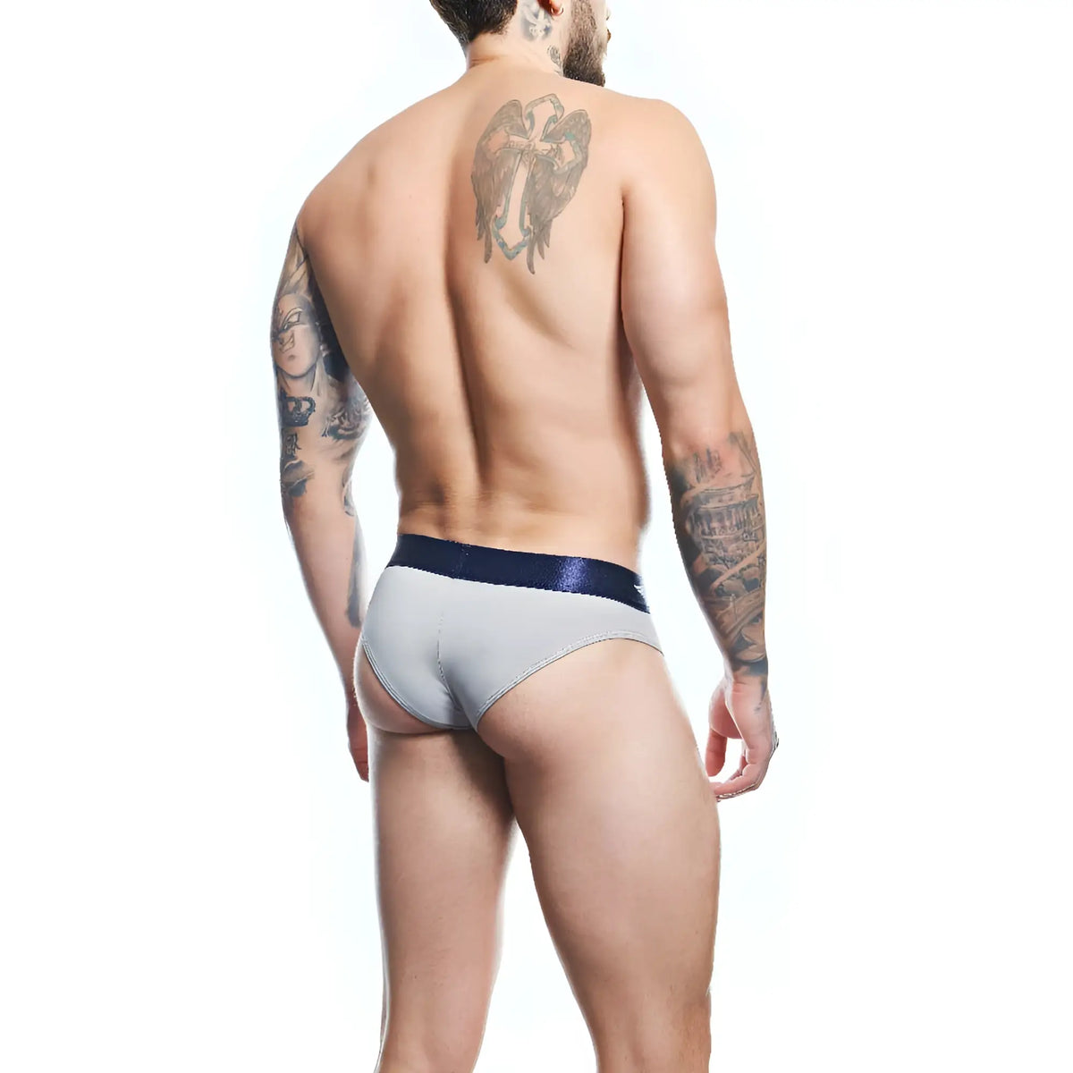 Gray briefs agacio agj043 with a shiny navy blue waistband made of soft breathable fabric for everyday comfort