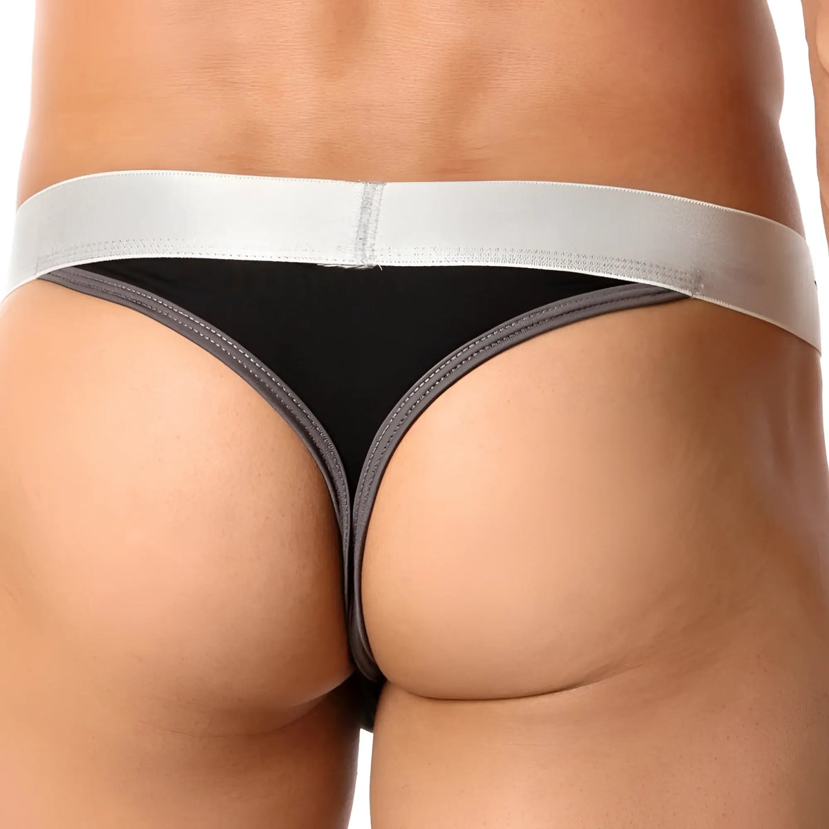 Agacio AGK014 thong in black with a silver waistband and gray trim shown from the back side