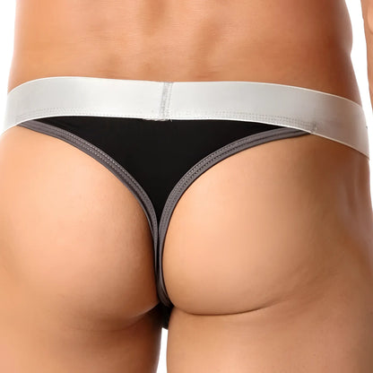 Agacio AGK014 thong in black with a silver waistband and gray trim shown from the back side