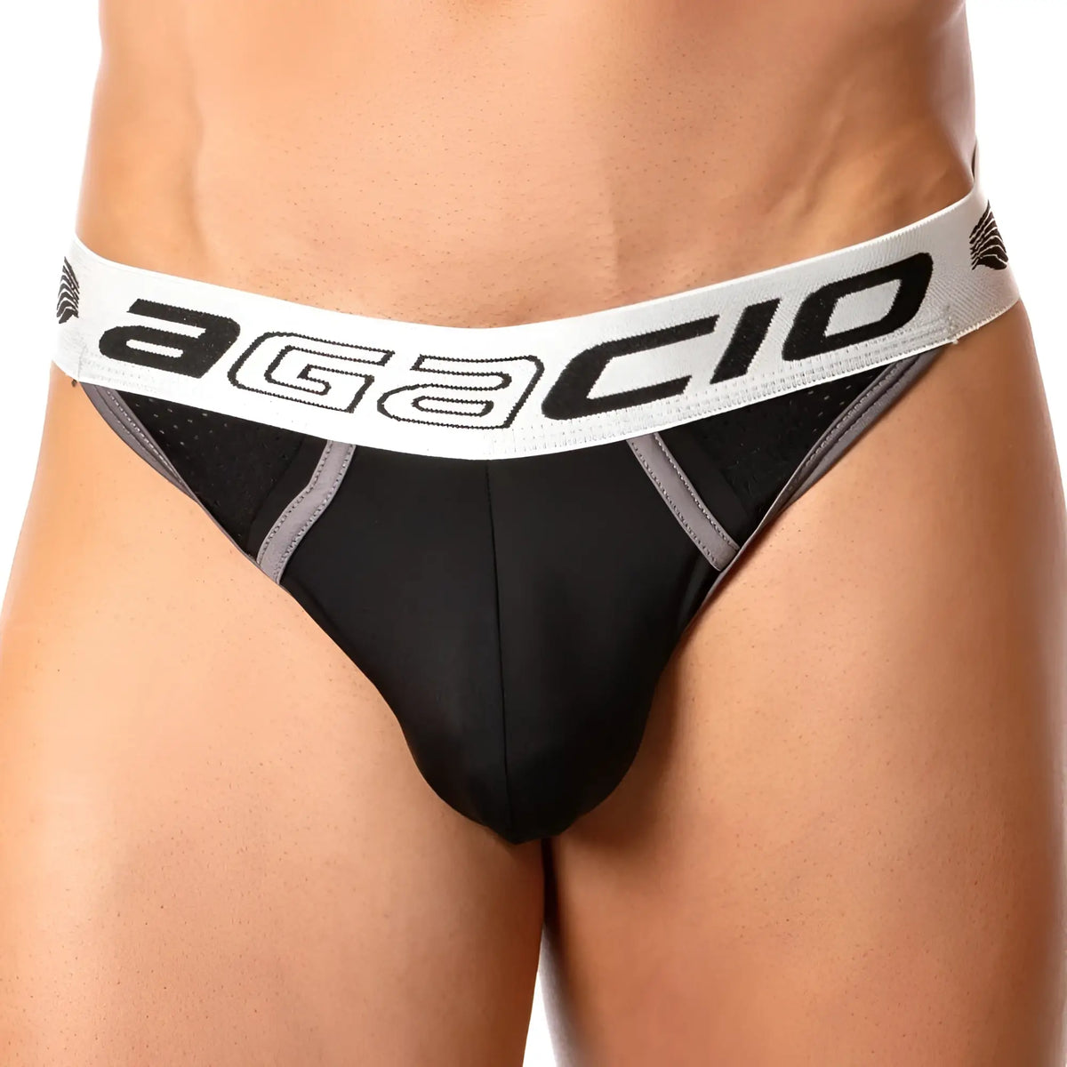Black agacio agk014 thong briefs with white waistband featuring bold black lettering and gray trim for daily comfort