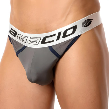 Gray and navy blue agacio agk014 thong briefs with white waistband featuring black lettering front view