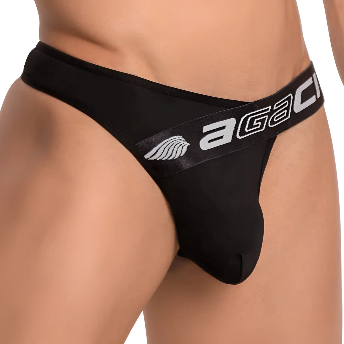 Black agacio agk023 thong with white logo and wing emblem on waistband shown from the back side