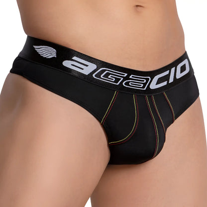 Black agacio agk028 thong briefs with white logo wing emblem and colorful stitching along the seams