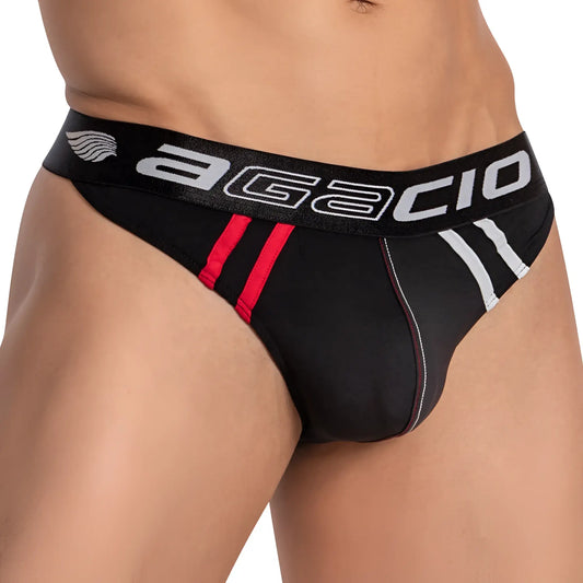Agacio agk032 color slash v-shaped thong black briefs with red and white side stripes showing front view