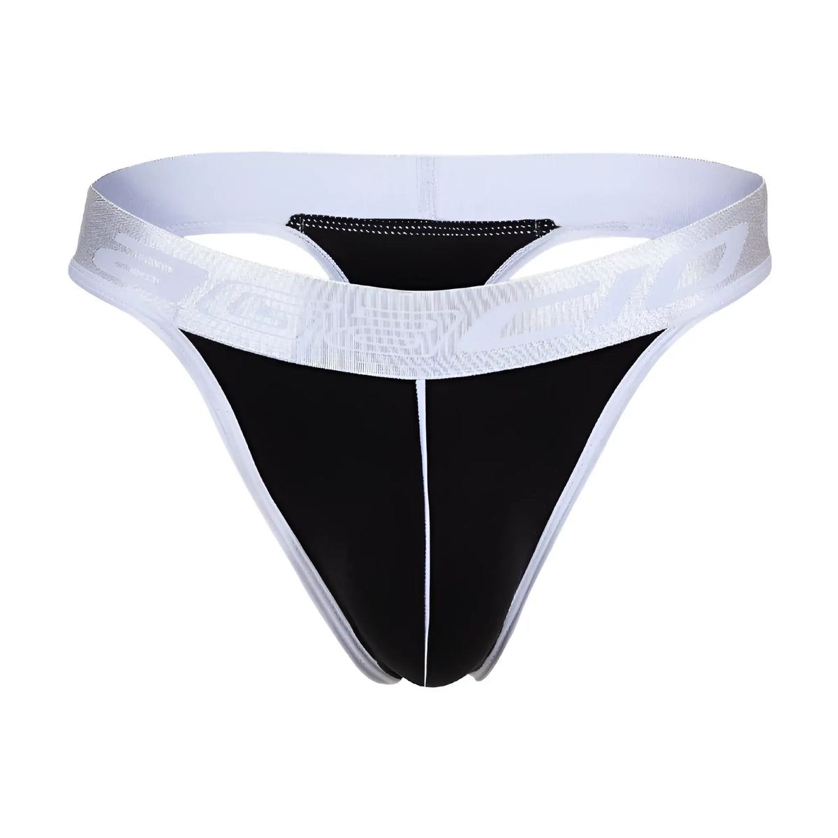 Agacio AGK038 black and white athletic thong with textured silver logo band shown from the back side