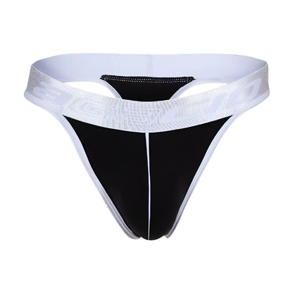 Agacio AGK038 black and white athletic thong with textured silver logo band shown from the back side