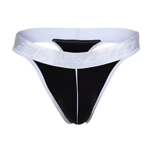 Agacio AGK038 black and white athletic thong with textured silver logo band shown from the back side