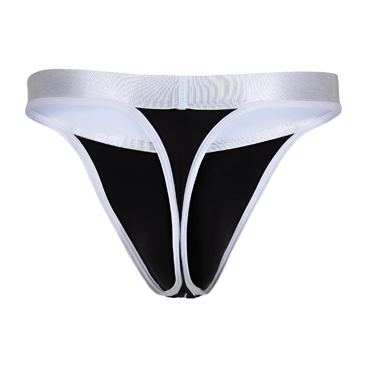 Agacio AGK038 thong in black and white with a shiny silver waistband shown from the back side
