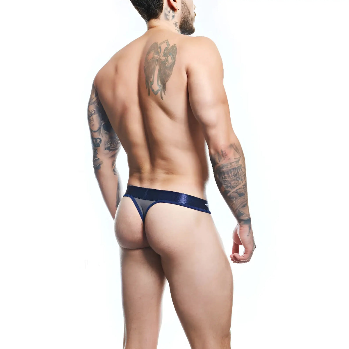 Navy blue agacio agk038 thong with sheer mesh panel and shiny metallic waistband shown from the back side