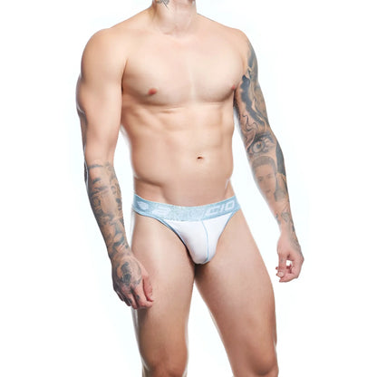 White agacio agk038 thong with light blue elastic waistband featuring subtle pattern and brand logo for athletic use