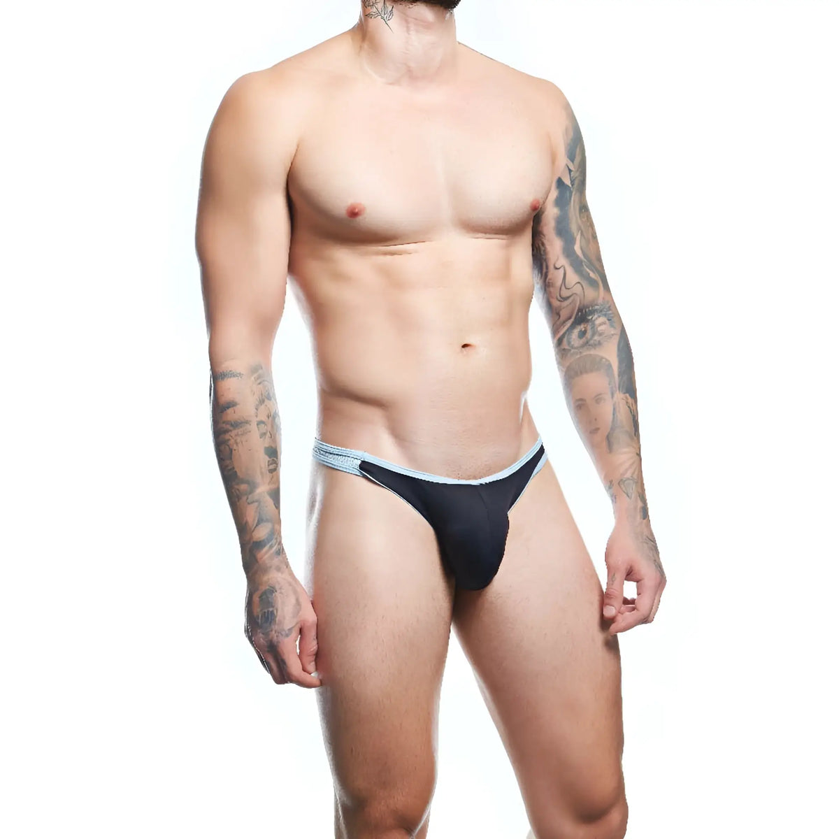 Black thong with light blue trim by agacio agk039 featuring soft stretch fabric for comfortable everyday wear