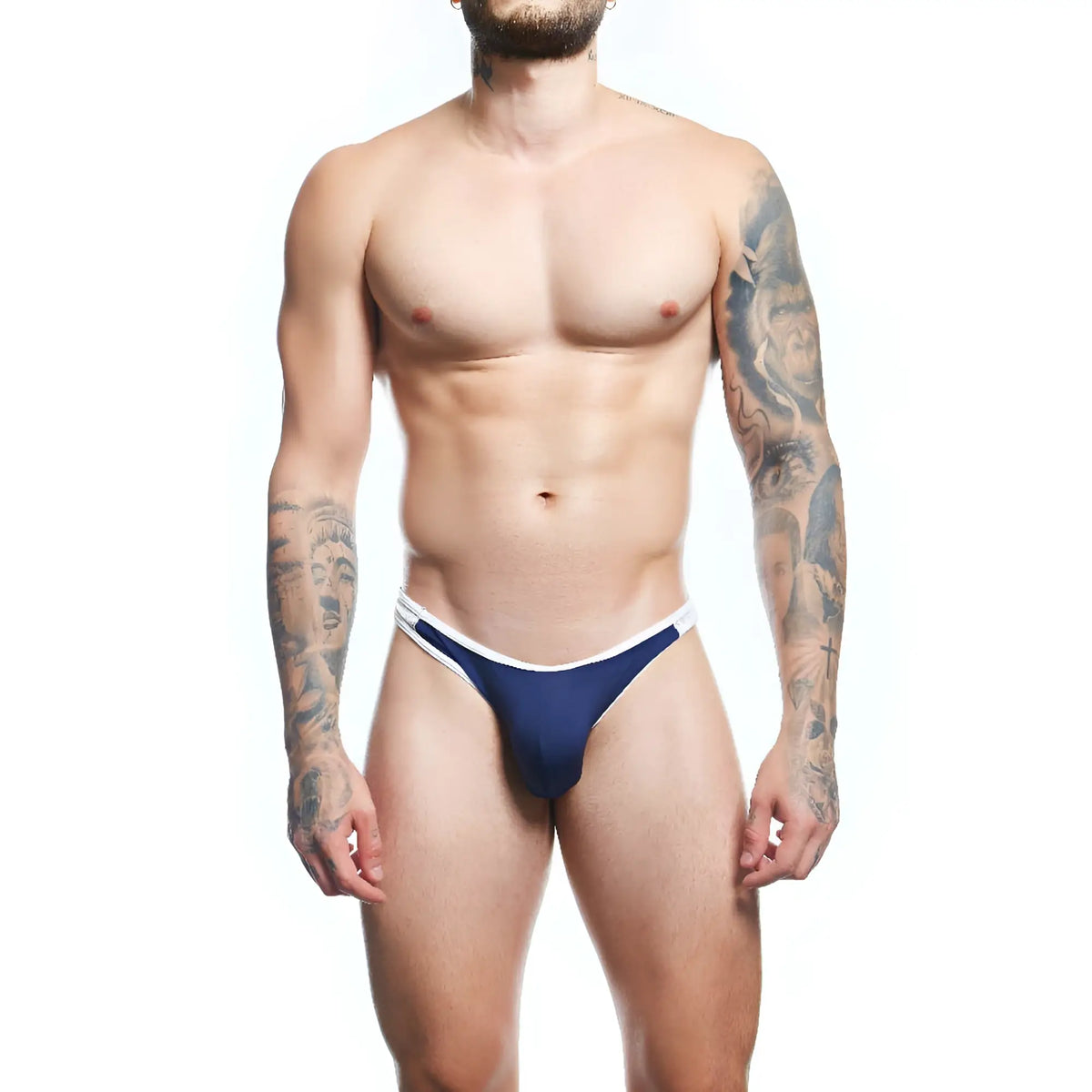 Navy blue agacio agk039 thong with white trim showing the back side made of soft comfortable fabric